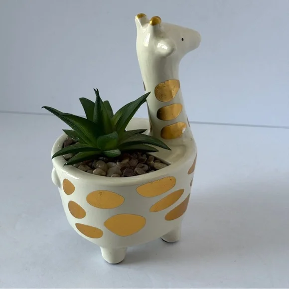Gold Spotted Ivory Ceramic Giraffe Faux Succulent Planter Decor - Picture 4 of 8